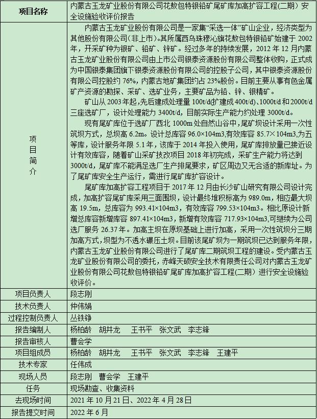 內蒙古玉龍礦業股份有限公司花敖包特銀鉛礦尾礦庫加高擴容工程(二期）安全設施驗收評價報告